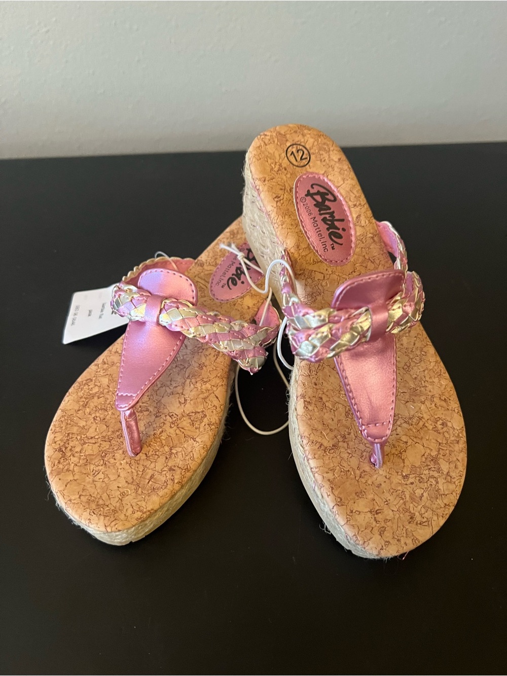 Barbie Pink Braided Thong Cork Wedge Sandals Size 12 NEW